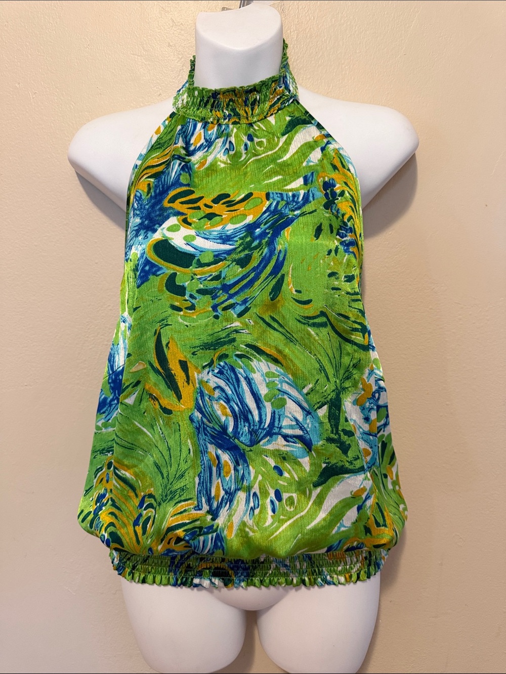 Dots Lime Green Halter Swim Coverup with Blue & Yellow Abstract Print